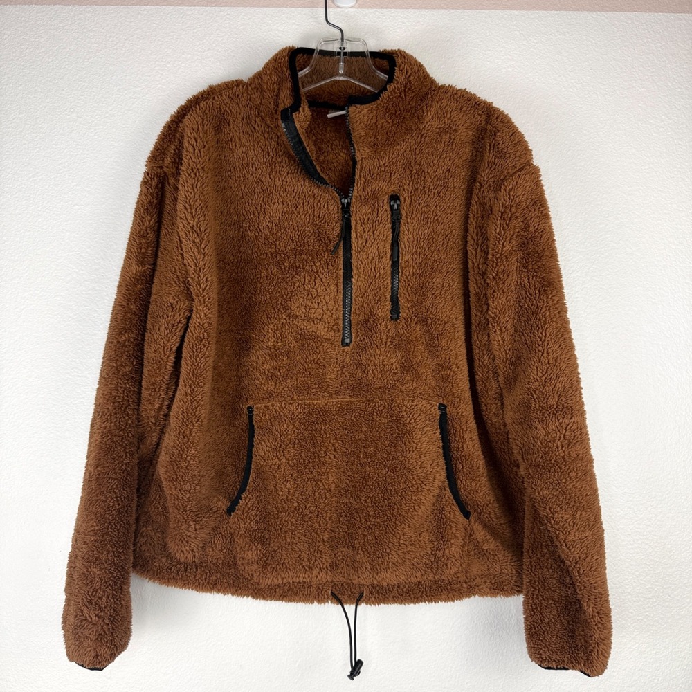 Womens Sherpa Fleece Quarter Zip Pullover Brown Teddy Sweater L